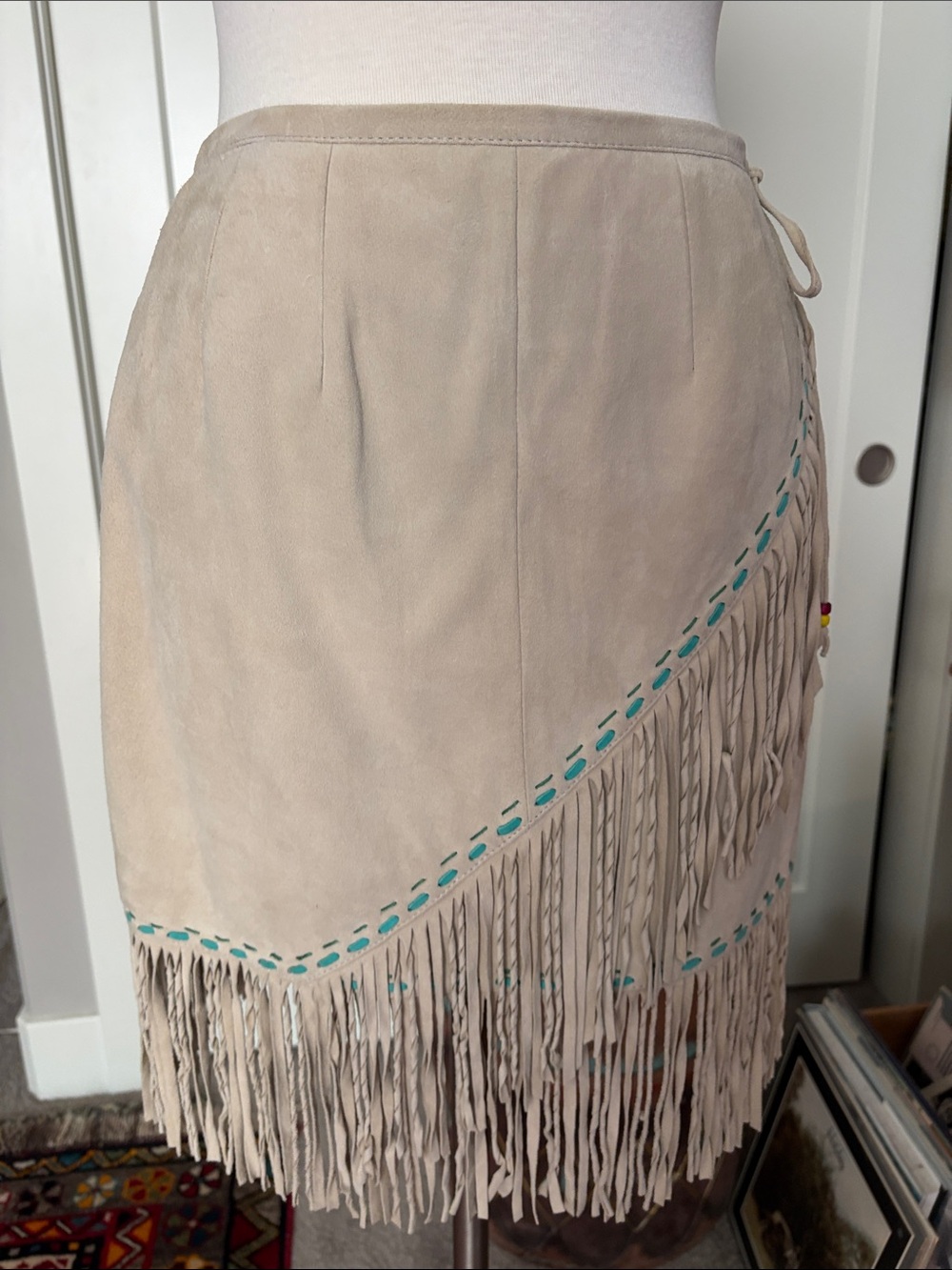 Double D Ranch Beige Suede Fringe Pencil Skirt w/ Turquoise Stitching & Appliqué